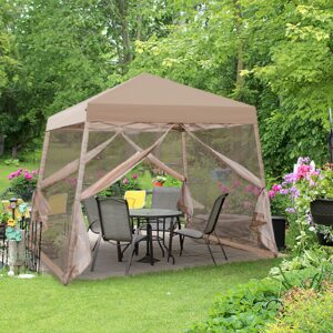 EAGLE PEAK 10x10 Slant Leg Easy Setup Pop Up Canopy Tent with Mosquito Netting 64 sqft of Shade, Beige