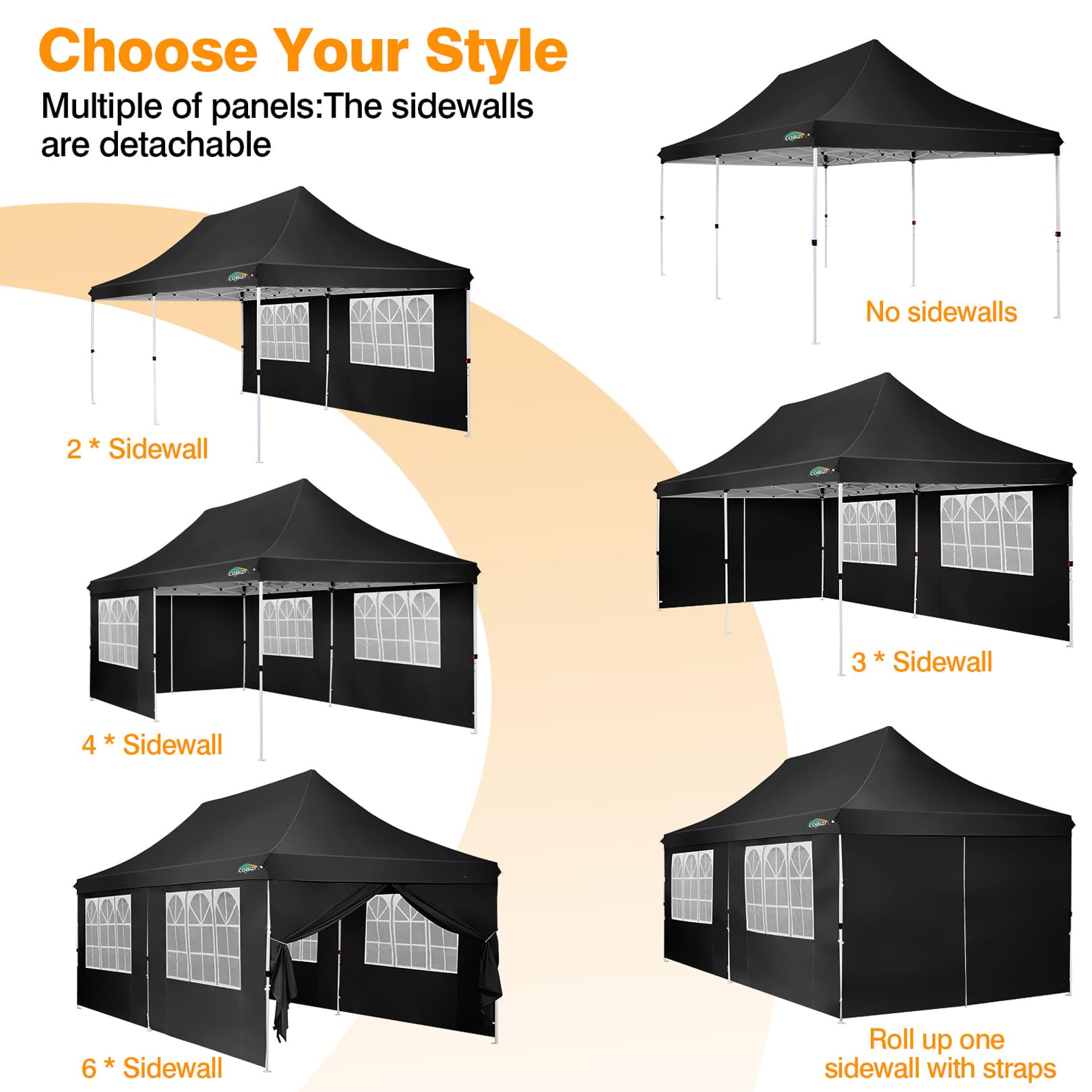 COBIZI 10x20 Pop up Canopy with 6 Removable Sidewalls, Outdoor Canopy Tents for Parties Wedding, Instant Sun Protection Shelter with Upgrade Raised Roof and Carry Bag, with Extra 4 Sandbags