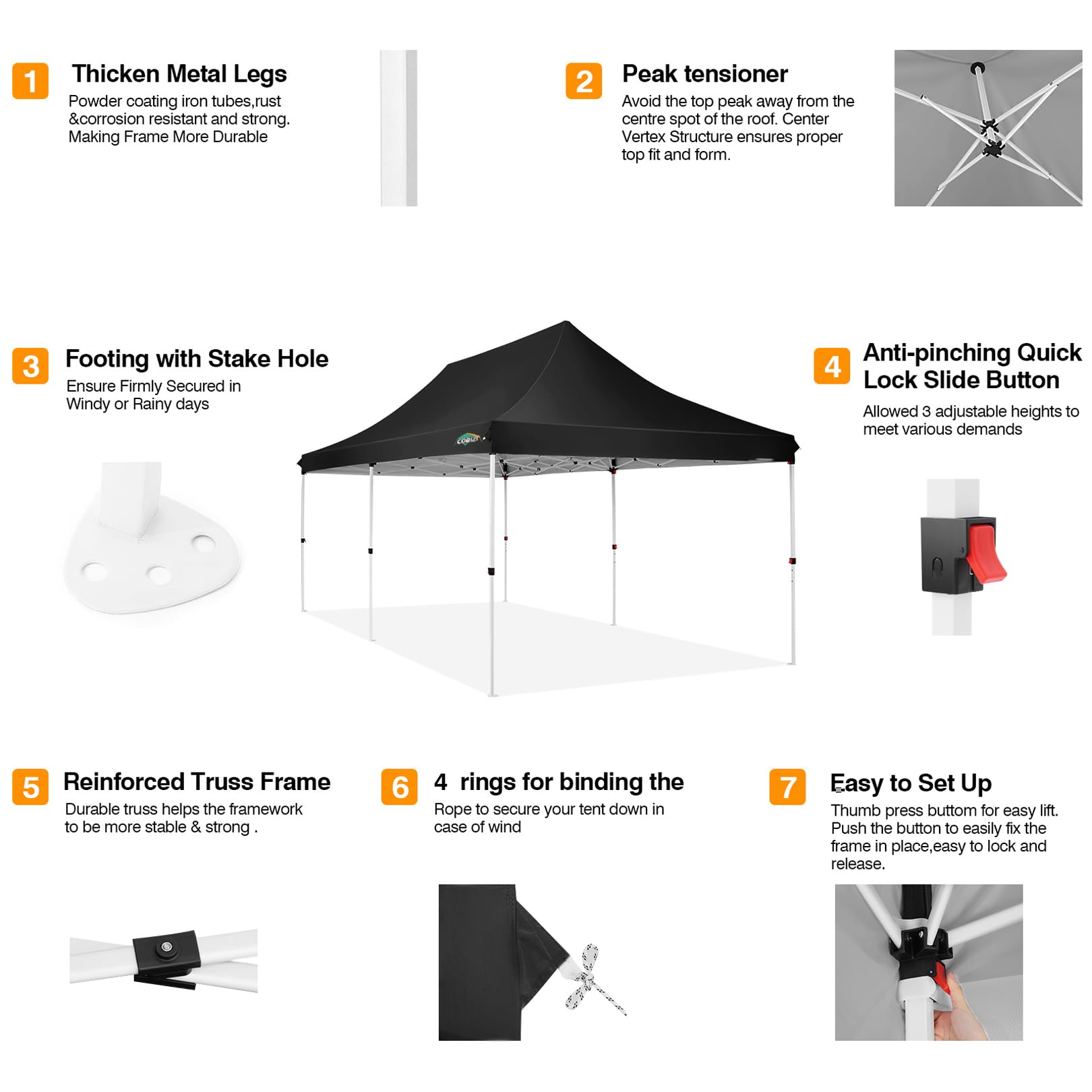 COBIZI 10x20 Pop up Canopy with 6 Removable Sidewalls, Outdoor Canopy Tents for Parties Wedding, Instant Sun Protection Shelter with Upgrade Raised Roof and Carry Bag, with Extra 4 Sandbags