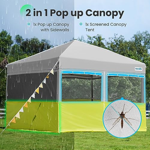 Quictent 2 in 1 Pop up Canopy Tent 10’x10’ with Sidewalls, One Person Ez up Screened Gazebo Canopy, 4 Large Mesh Windows with Window Cover for Camping, Backyard and Outdoor (Gray&Green)