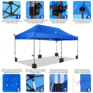 Tooluck 10x20 Heavy Duty Pop up Canopy Tent without Sidewalls Folding Height Adjustable Easy up Canopy UPF 50+ All Weather Waterproof Outdoor Instant Shelter Party Tent with Roller Bag Blue