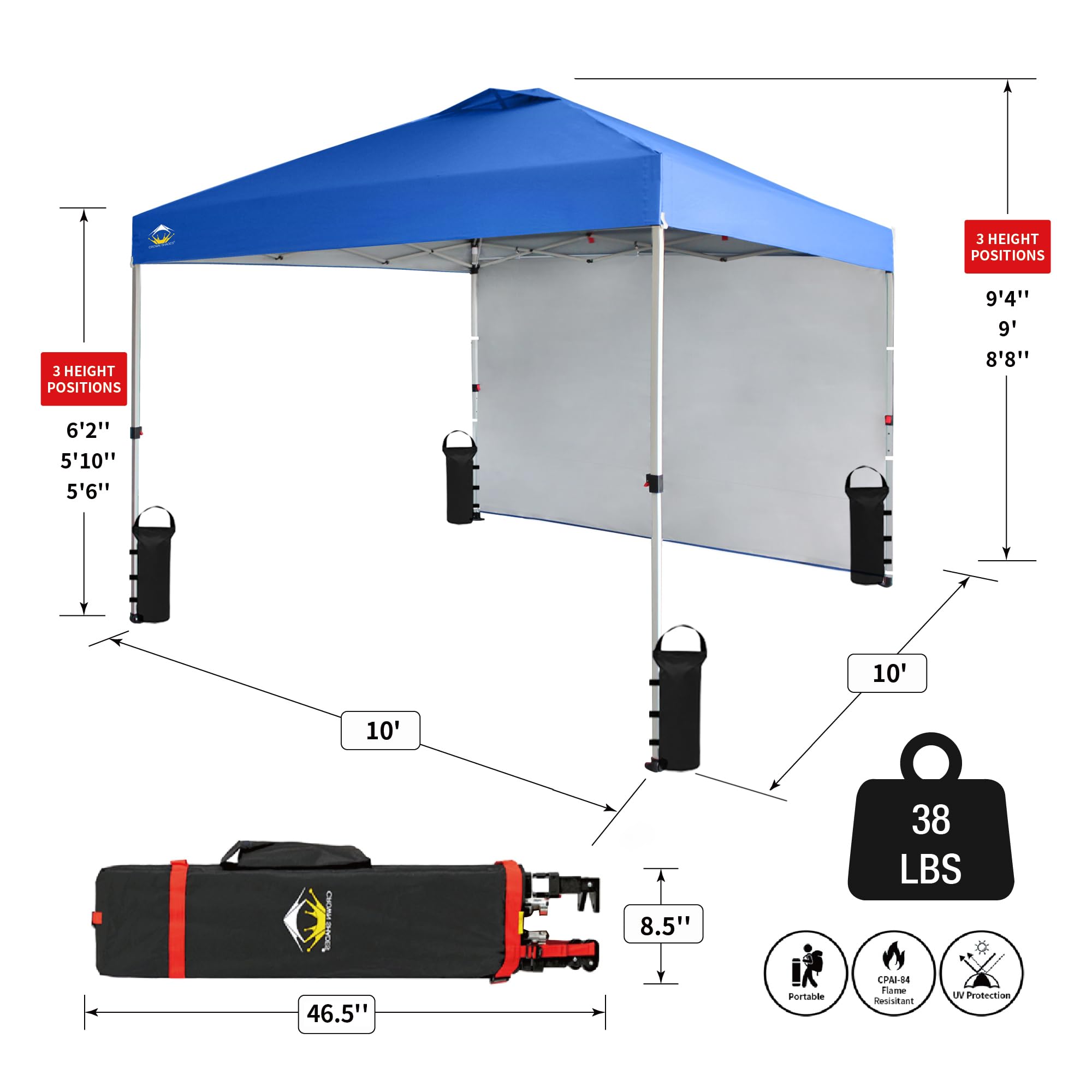 CROWN SHADES Canopy Tent, 10 x 10 Foot Portable Pop Up Outdoor Gazebo with 1 Sidewall, Easy 1 Push Center Lock, UV Protection, and Carry Bag, Blue