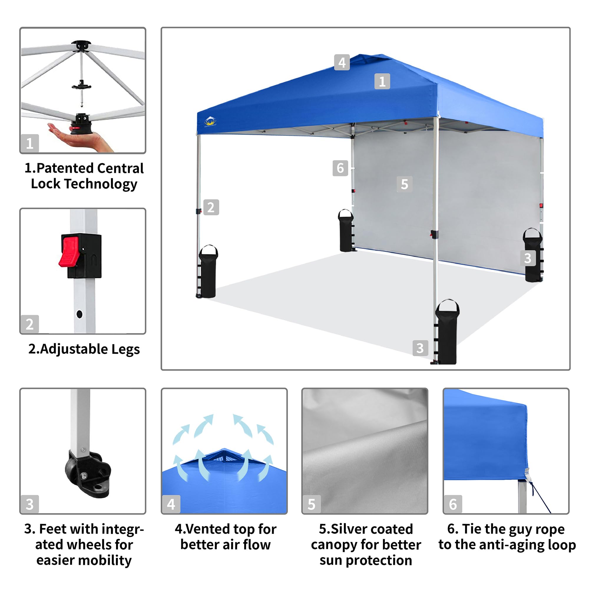 CROWN SHADES Canopy Tent, 10 x 10 Foot Portable Pop Up Outdoor Gazebo with 1 Sidewall, Easy 1 Push Center Lock, UV Protection, and Carry Bag, Blue