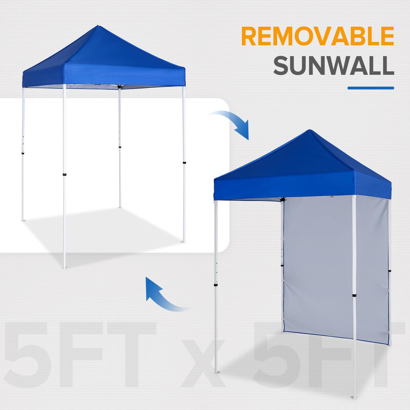 EAGLE PEAK Pop up Canopy 5x5, Outdoor Portable Canopy Tent with One Removable Sunwall, Carry Bag Included, Blue