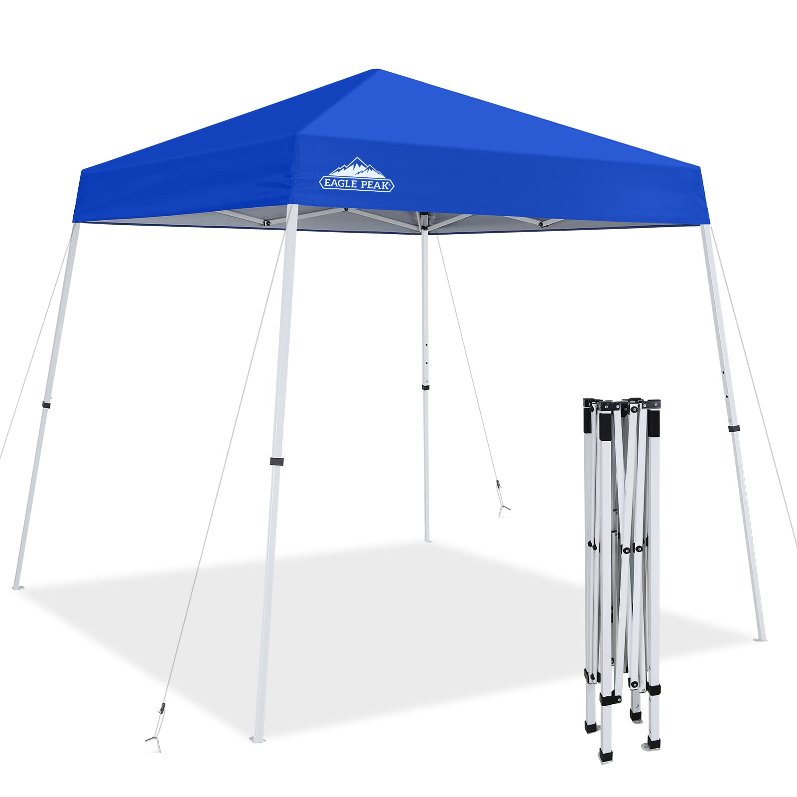 EAGLE PEAK 8x8 Slant Leg Pop-up Canopy Tent Easy One Person Setup Instant Outdoor Beach Canopy Folding Portable Sports Shelter 8x8 Base 6x6 Top (Blue)