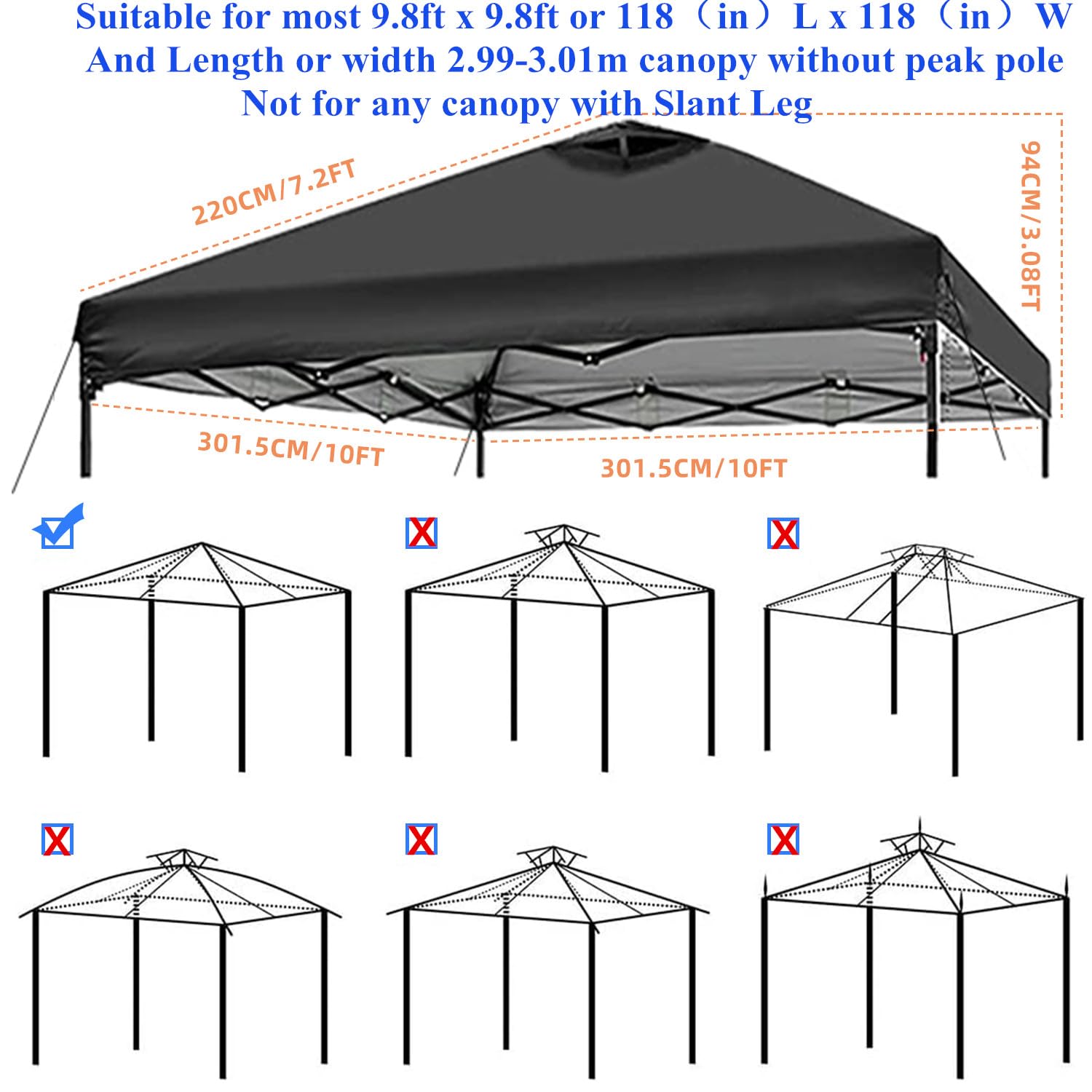 Jorohiker 10x10 Canopy Replacement Top Cover,Pop Up Canopy Tent Top Replacement Cover with Air Vent Ropes, Waterproof Sunshade Silver Coated Oxford Cloth for Outdoor Garden Camping(Top Only,301*301cm）