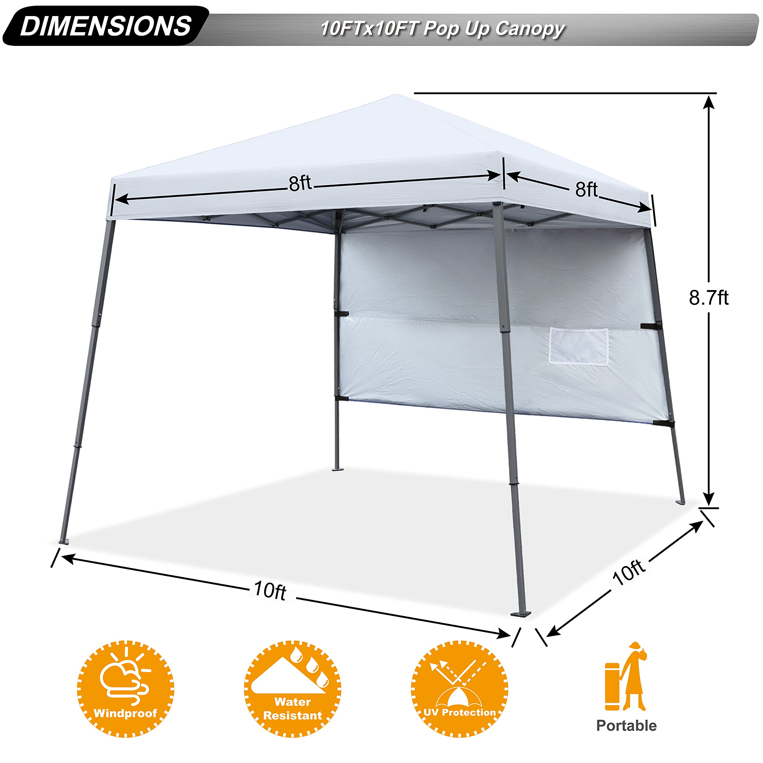 ABCCANOPY Outdoor Pop Up Canopy10x10 Beach Camping Canopy with 1 Sun Wall, Bonus Backpack Bag, Stakes and Ropes, White