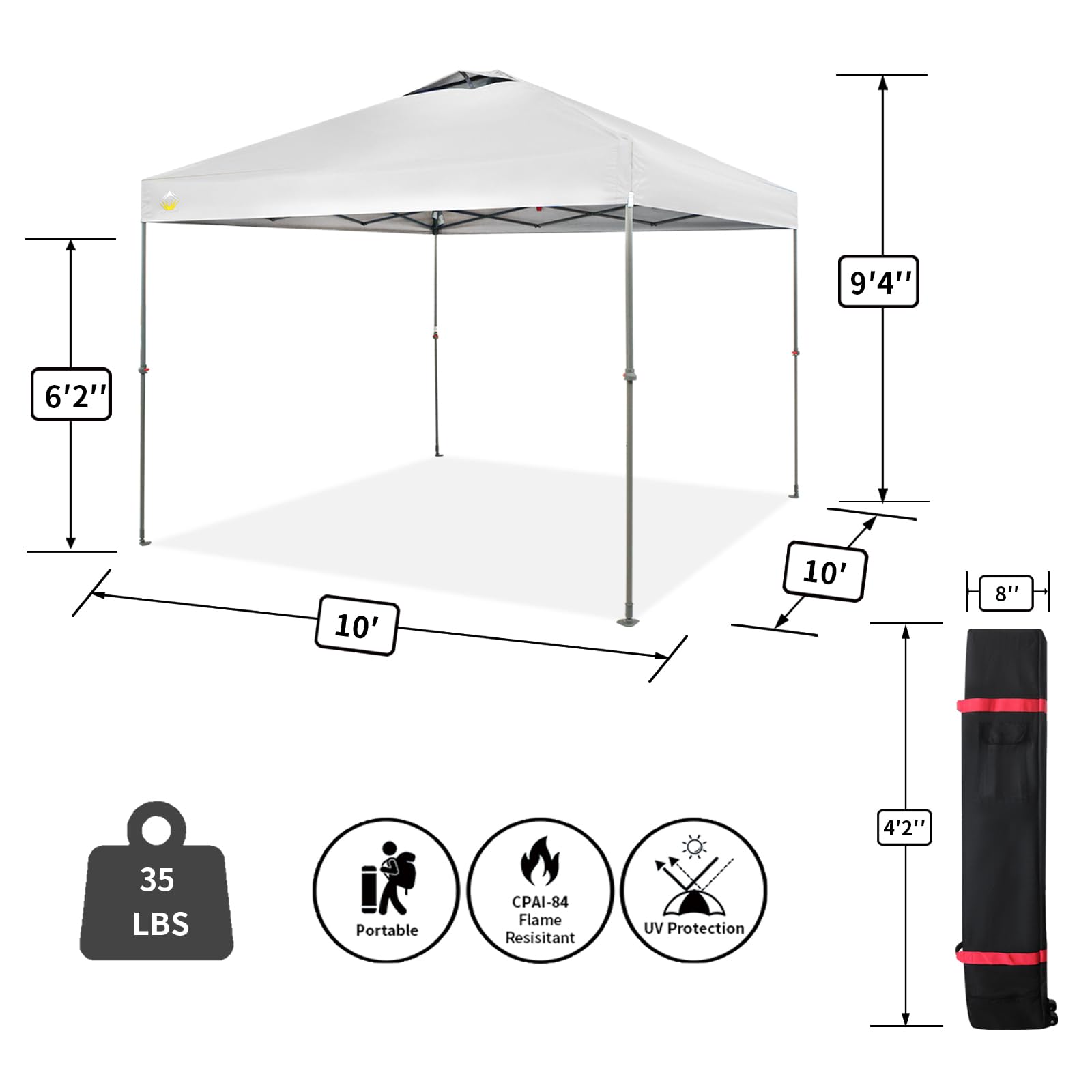 CROWN SHADES Canopy Tent 10x10 One Push Pop up Canopy Easy Up Canopy Bonus Wheeled Bag, 8 Stakes, 4 Ropes, White