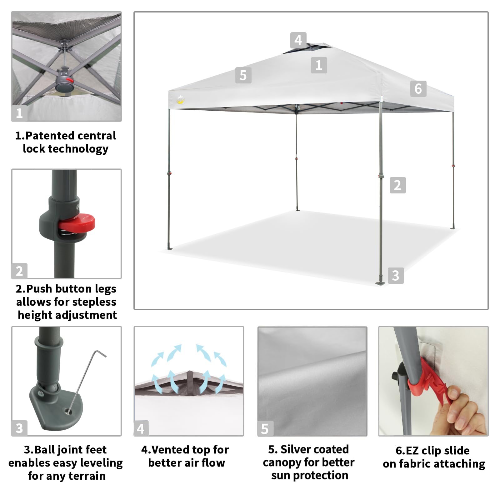 CROWN SHADES Canopy Tent 10x10 One Push Pop up Canopy Easy Up Canopy Bonus Wheeled Bag, 8 Stakes, 4 Ropes, White