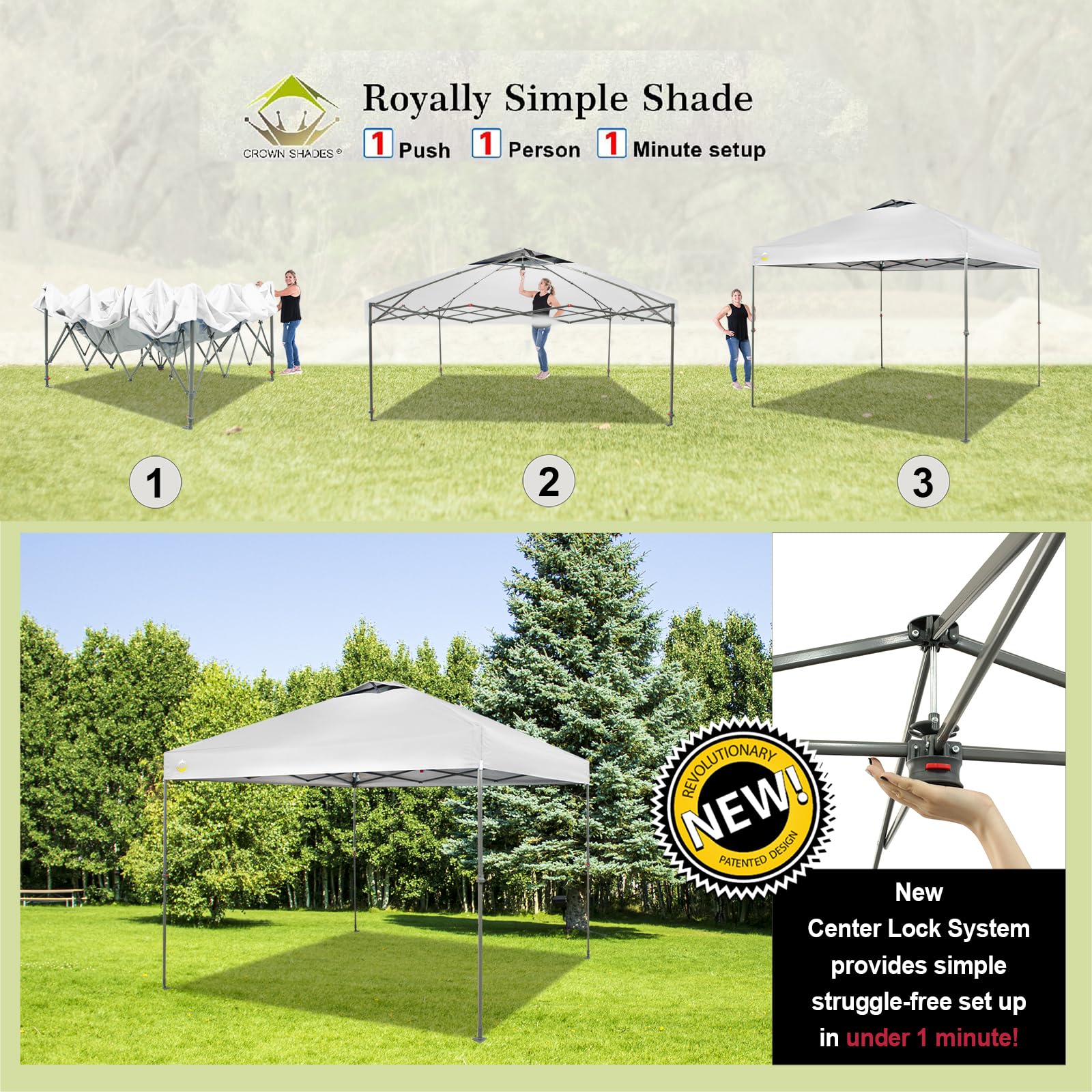 CROWN SHADES Canopy Tent 10x10 One Push Pop up Canopy Easy Up Canopy Bonus Wheeled Bag, 8 Stakes, 4 Ropes, White