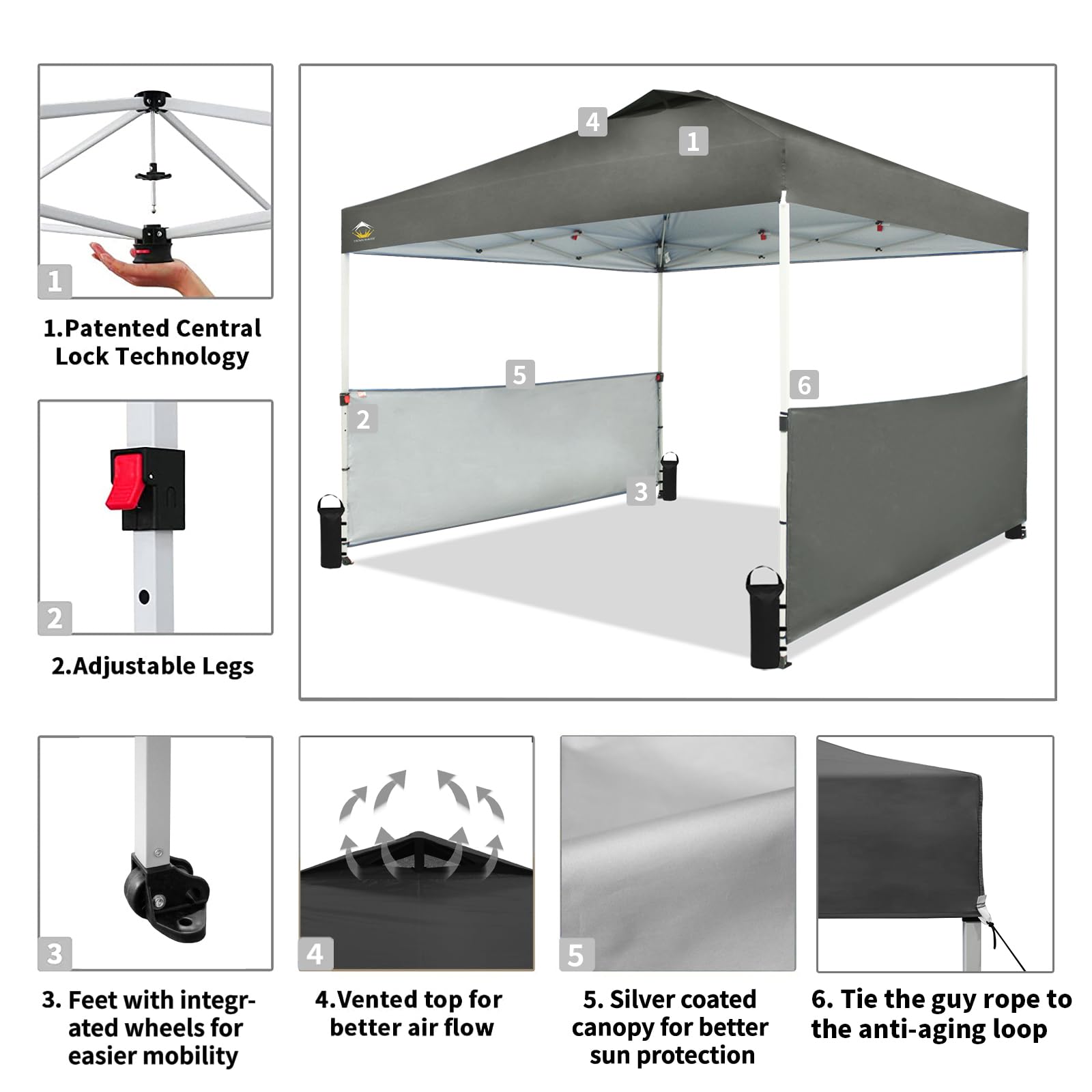 CROWN SHADES 10x10 Pop up Canopy Tent Instant Canopy with 150D Silver Coated Fabric Including 2 Half Sidewalls, 4 Ropes, 8 Stakes, 4 Weight Bags, STO 'N Go Bag, Grey