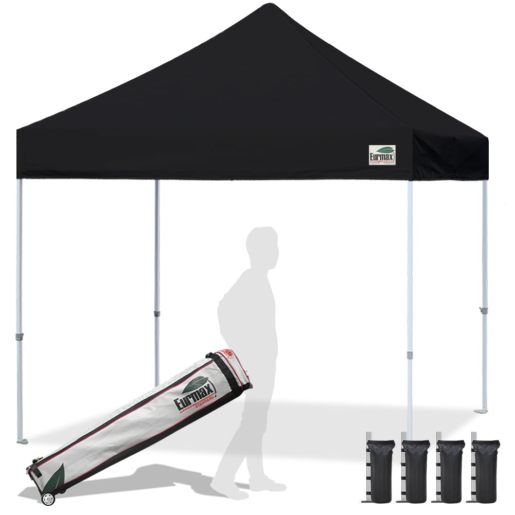 Eurmax USA Standard 10x10ft Patio Pop Up Canopy Tent for Outdoor Events Commercial Instant Canopies with Heavy Duty Roller Bag,Bonus 4 Canopy Sand Bags (Black)