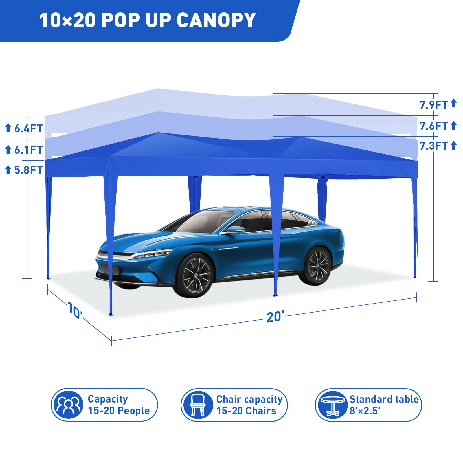 10'x20' Pop Up Canopy Tent with Sidewalls, Outdoor Heavy Duty Party Tent with 4 Sandbags and Carrying Bag, Large Ez Up Tents for Parties, Event, Waterproof (Blue)