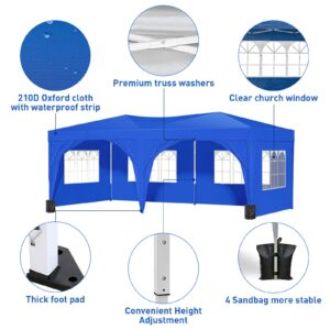 10'x20' Pop Up Canopy Tent with Sidewalls, Outdoor Heavy Duty Party Tent with 4 Sandbags and Carrying Bag, Large Ez Up Tents for Parties, Event, Waterproof (Blue)