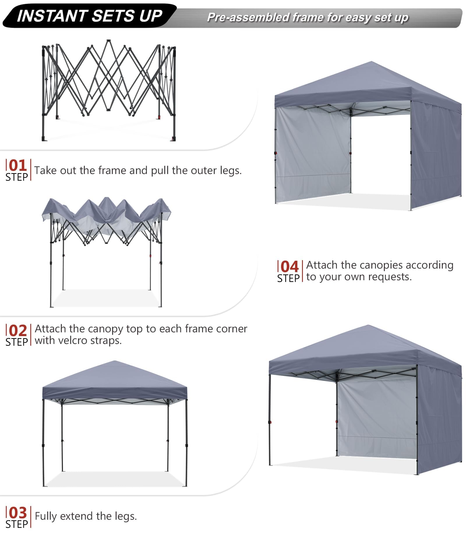 ABCCANOPY Easy Pop up Canopy Tent with 2 Sidewalls for Outdoor Sun Blocking or Rain Protection,10x10, Gray