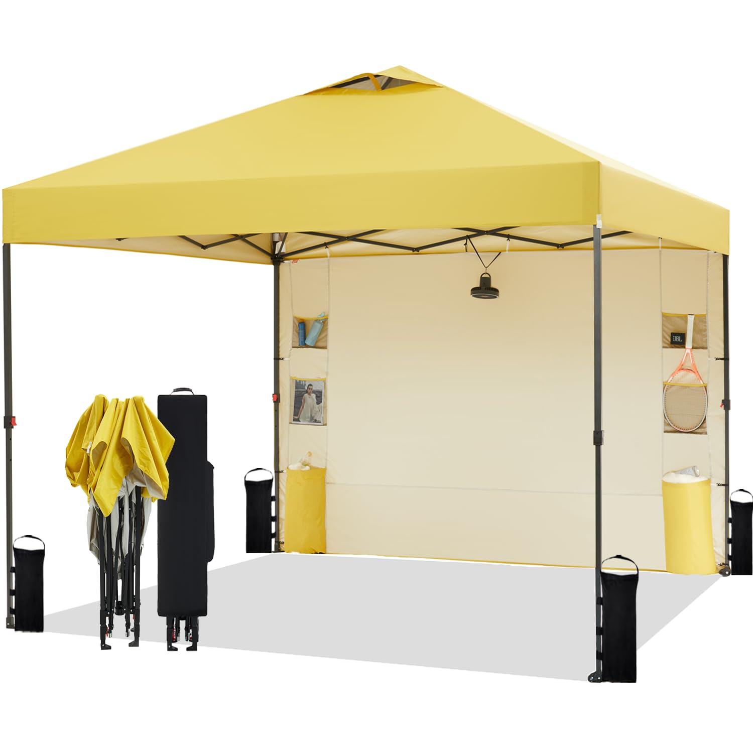 Tunbne 10'x10' Pop Up Canopy Tent with Sidewall and 6 Pockets, Patented One Push, 1 Person Easy up, Instant Shade Canopy with Vented Roof for Patio Outdoor, Case, 8 Stakes, 4 Ropes, 4 Sandbags(Yellow)