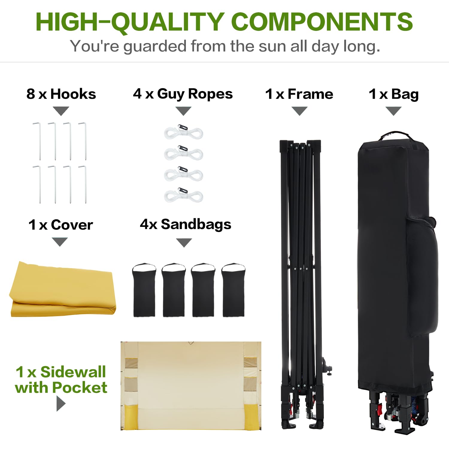 Tunbne 10'x10' Pop Up Canopy Tent with Sidewall and 6 Pockets, Patented One Push, 1 Person Easy up, Instant Shade Canopy with Vented Roof for Patio Outdoor, Case, 8 Stakes, 4 Ropes, 4 Sandbags(Yellow)