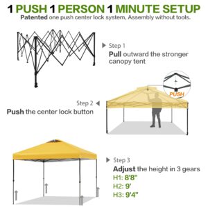 Tunbne 10'x10' Pop Up Canopy Tent with Sidewall and 6 Pockets, Patented One Push, 1 Person Easy up, Instant Shade Canopy with Vented Roof for Patio Outdoor, Case, 8 Stakes, 4 Ropes, 4 Sandbags(Yellow)