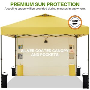 Tunbne 10'x10' Pop Up Canopy Tent with Sidewall and 6 Pockets, Patented One Push, 1 Person Easy up, Instant Shade Canopy with Vented Roof for Patio Outdoor, Case, 8 Stakes, 4 Ropes, 4 Sandbags(Yellow)