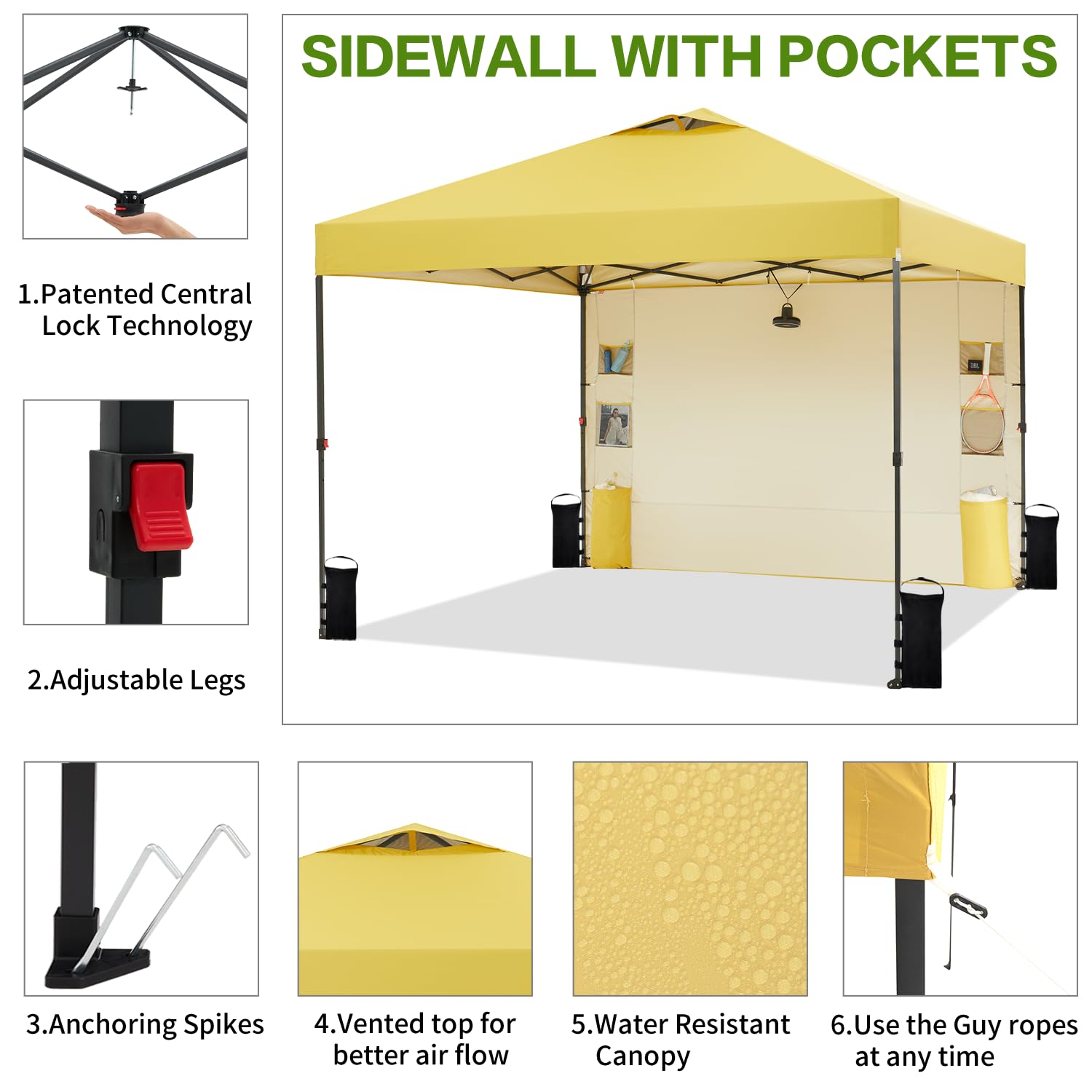 Tunbne 10'x10' Pop Up Canopy Tent with Sidewall and 6 Pockets, Patented One Push, 1 Person Easy up, Instant Shade Canopy with Vented Roof for Patio Outdoor, Case, 8 Stakes, 4 Ropes, 4 Sandbags(Yellow)