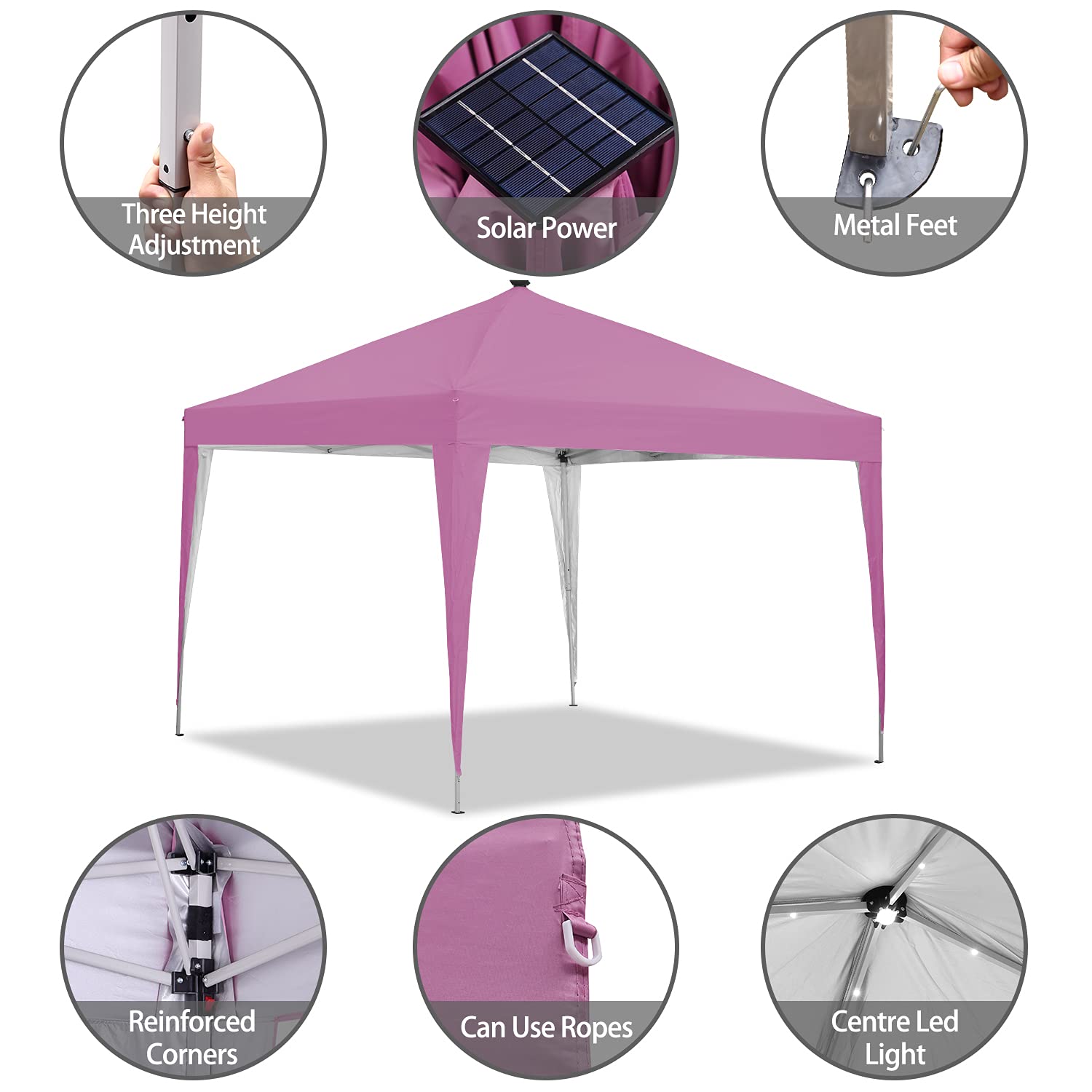 10 x 10 ft Pop-Up Canopy Tent Solar Power Led Light Portable Tailgating Party Tents Pink