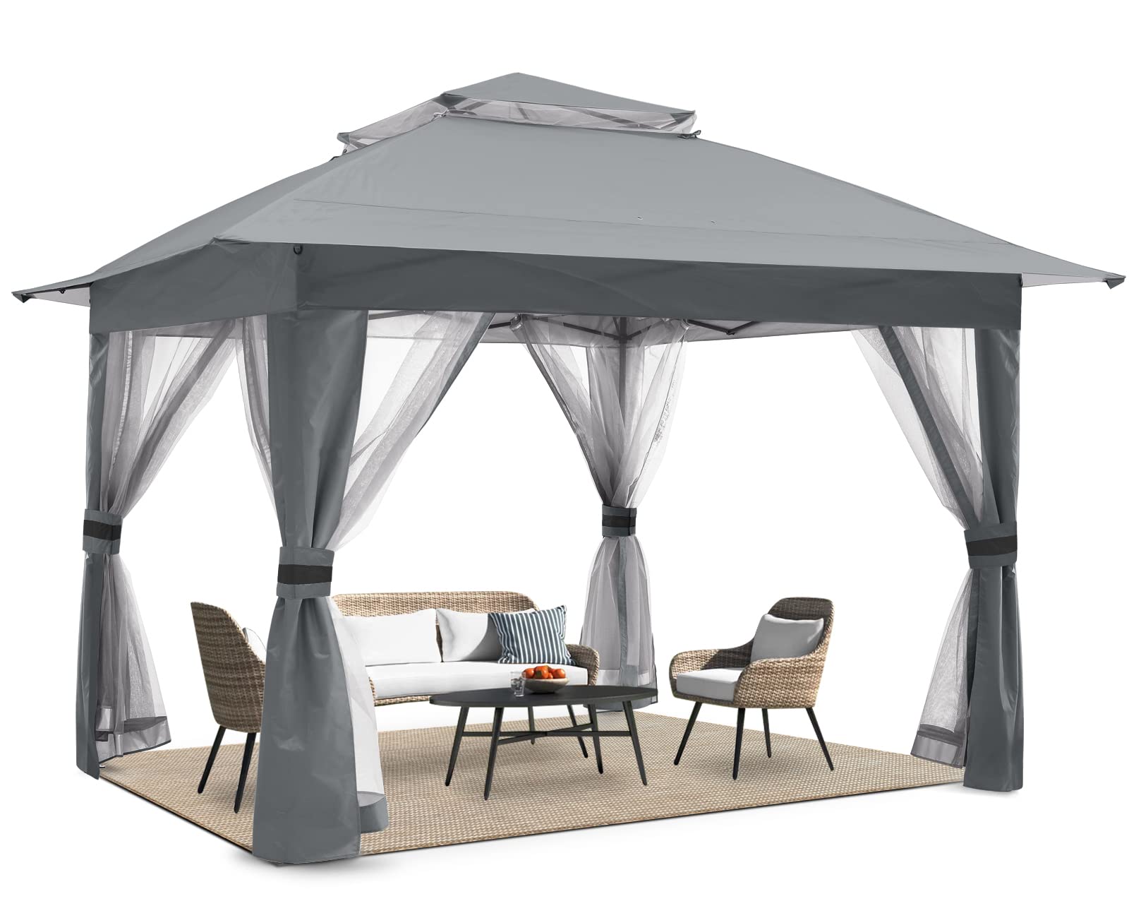 COOSHADE 13x13Ft Easy Pop Up Canopy Tent Instant Folding Shelter with Mosquito Netting Walls(Grey)