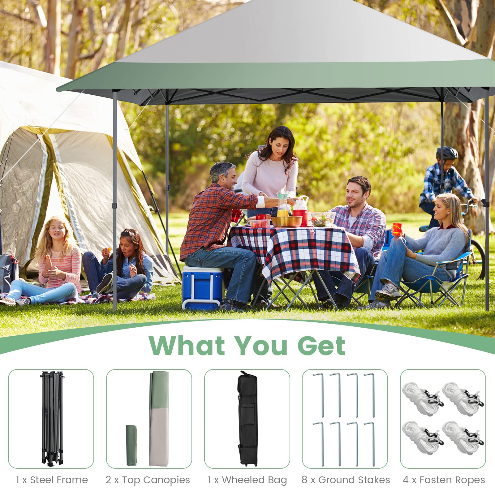 Tangkula 13x13 Ft Pop Up Canopy, 2 Tier Outdoor Canopy with 4 More Reinforced Ribs, Center Lock, Wheeled Bag, Easy Setup Instant Canopy Tent for Deck, Garden, Backyard, CPAI-84, UPF 50+ Protection