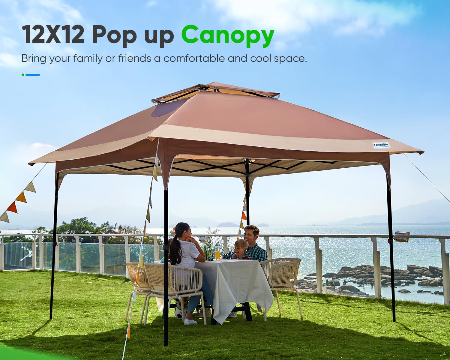 Quictent Pop up Gazebo Canopy 12 x 12, One Person Set up Portable Instant Folding Shelter, Outdoor Canopy Tent with Extra Shade for Backyard, Patio, Party - Tan&Brown