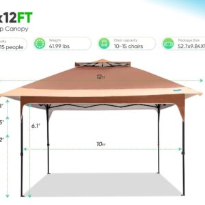 Quictent Pop up Gazebo Canopy 12 x 12, One Person Set up Portable Instant Folding Shelter, Outdoor Canopy Tent with Extra Shade for Backyard, Patio, Party - Tan&Brown