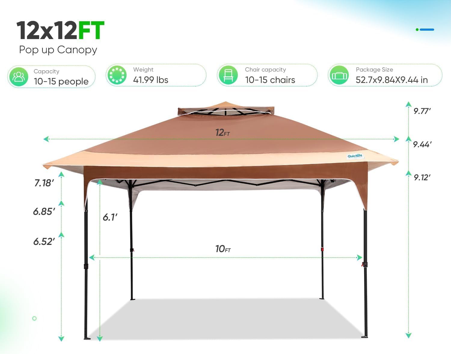 Quictent Pop up Gazebo Canopy 12 x 12, One Person Set up Portable Instant Folding Shelter, Outdoor Canopy Tent with Extra Shade for Backyard, Patio, Party - Tan&Brown