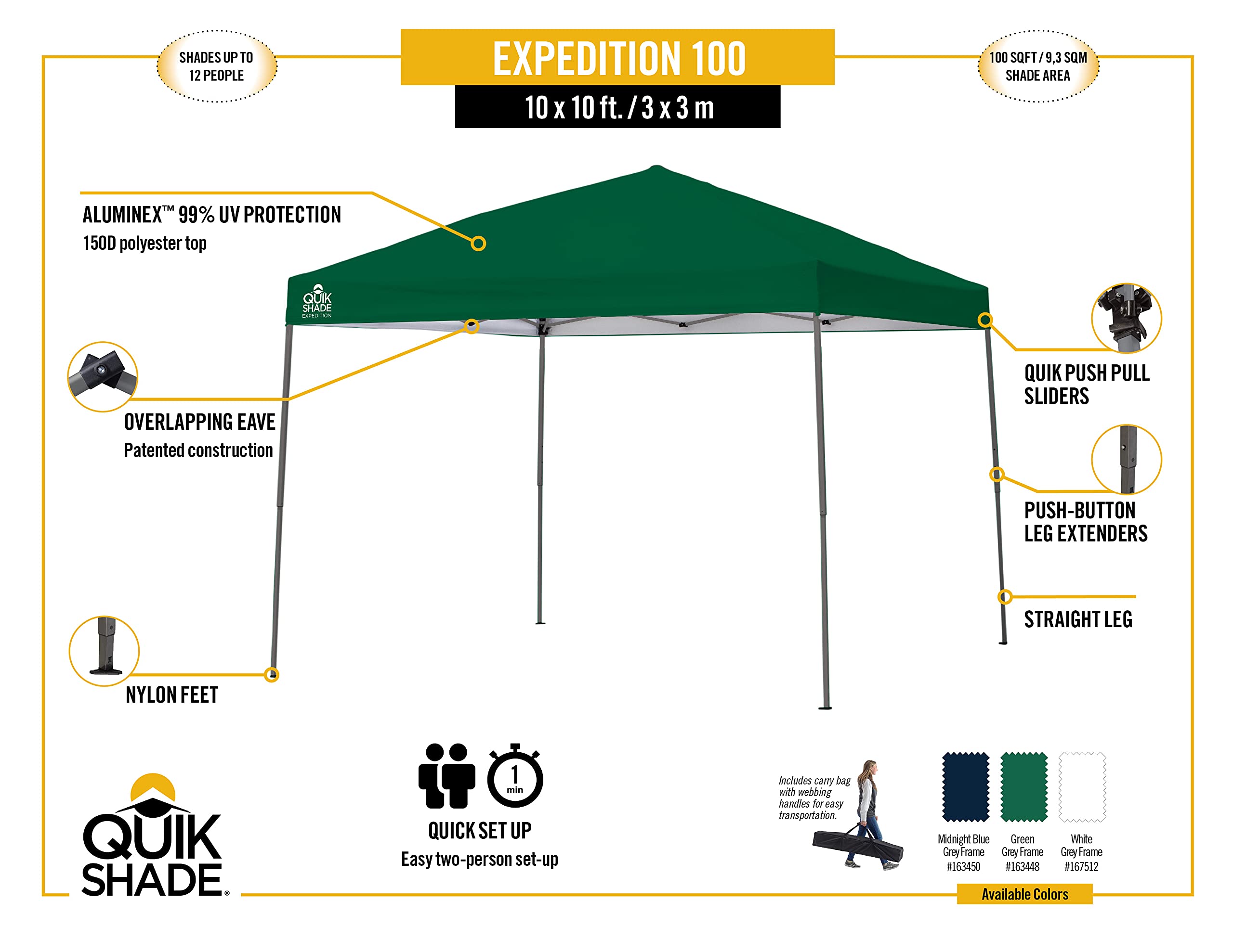 Quik Shade 10' x 10' Expedition 100 Square Feet of Shade Straight Leg Base Outdoor Pop-Up Canopy - White