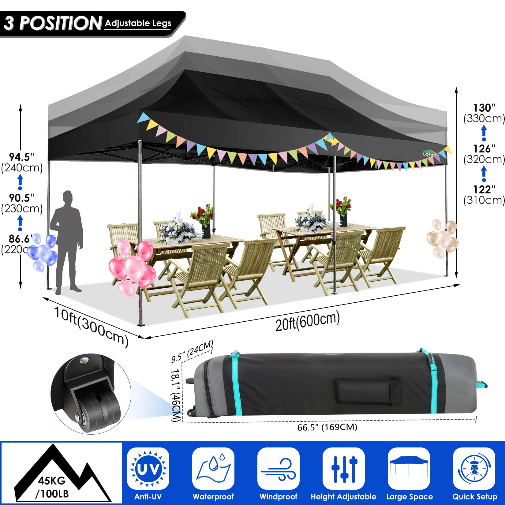COBIZI 10x20 Heavy Duty Pop up Canopy Tent without Sidewall Ez Up Commercial Outdoor Canopy Wedding Party Tents for Parties All Season Wind & Waterproof Gazebo with Roller Bag,Black(Frame Thickened)