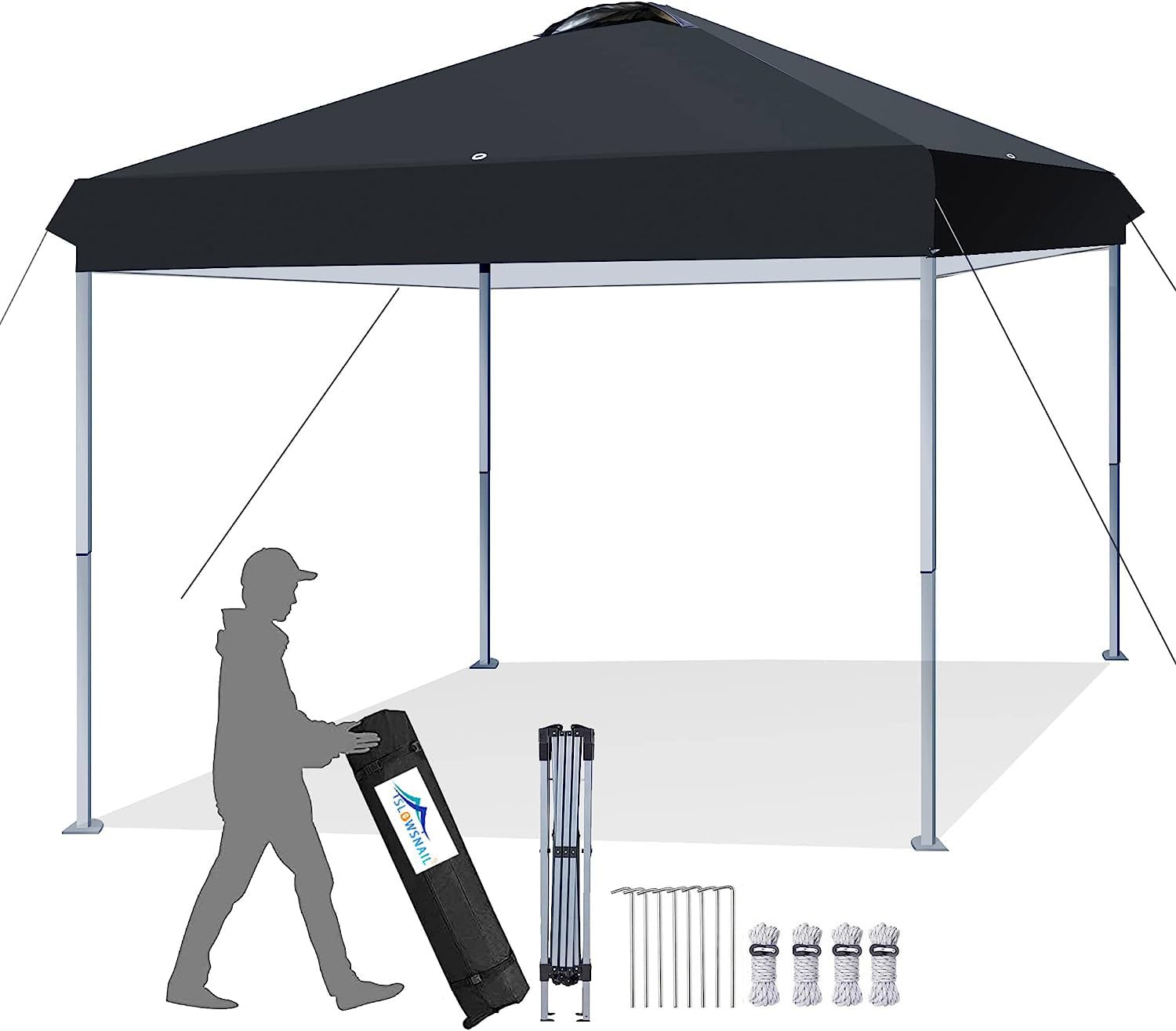 SlowSnail Premium Outdoor Pop Up Canopy Tent: 10' x 10' Ultimate Collapsible Portable Canopy with Steel Frame and Top Vent, Adjustable Legs & Foldable Design, Black