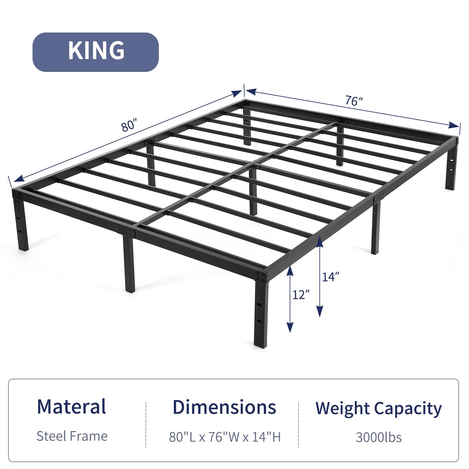 NOAH MEGATRON King Size Metal Platform Bed Frame Heavy Duty Black Slats Mattress Foundation No Box Spring Needed, Underneath Storage, 14 Inch, Noise Free, Easy Assembly