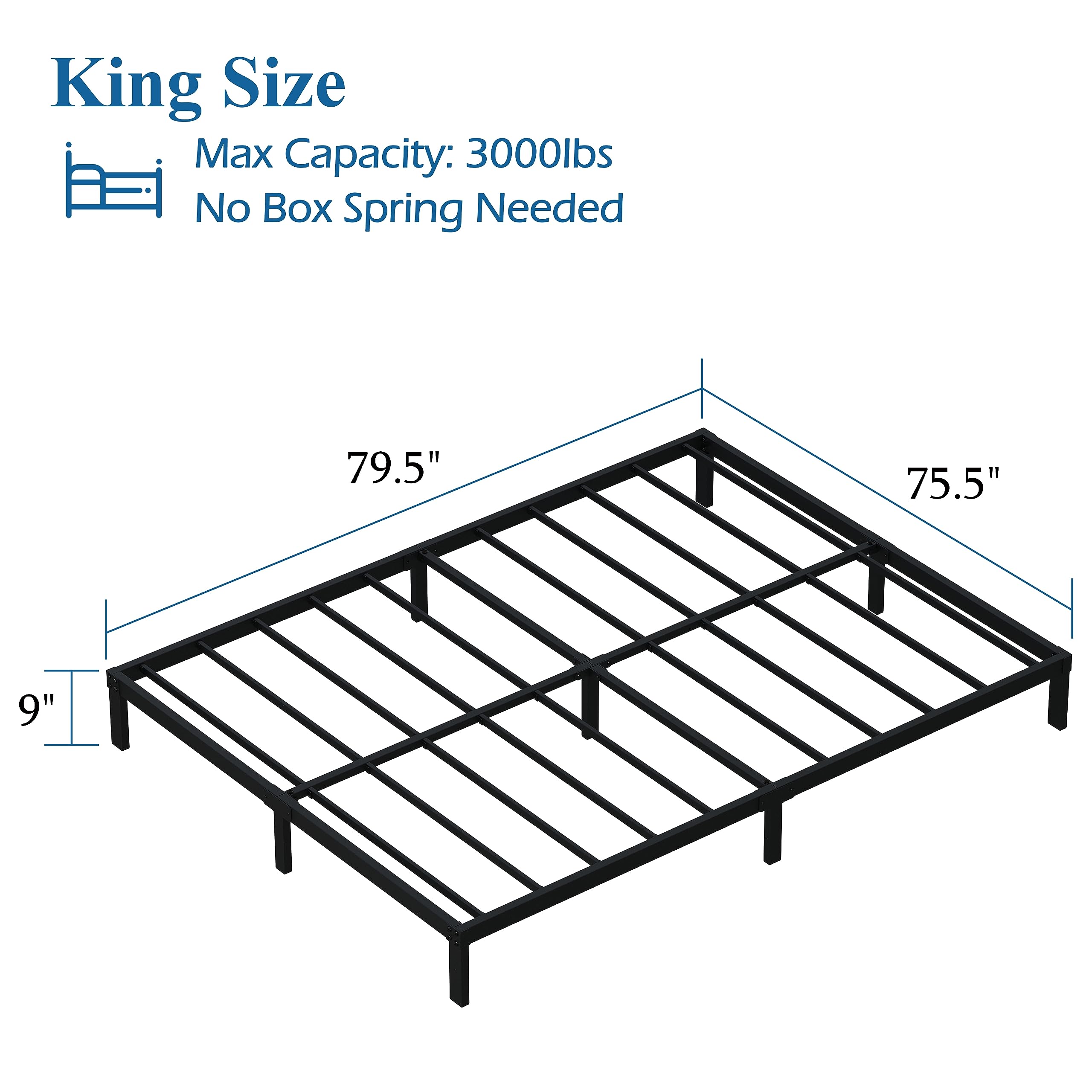 DiaOutro 9 Inch King Bed Frame Heavy Duty Low Profile Metal Platform No Box Spring Needed Mattress Foundation, Easy to Assembly, Noise Free, Black