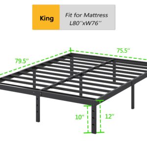 Cieemine 12 Inch King Size Metal Bed Frame, Heavy Duty Steel Slat Mattress Foundation, No Box Spring Needed, Easy Assembly, Noise-Free, Black