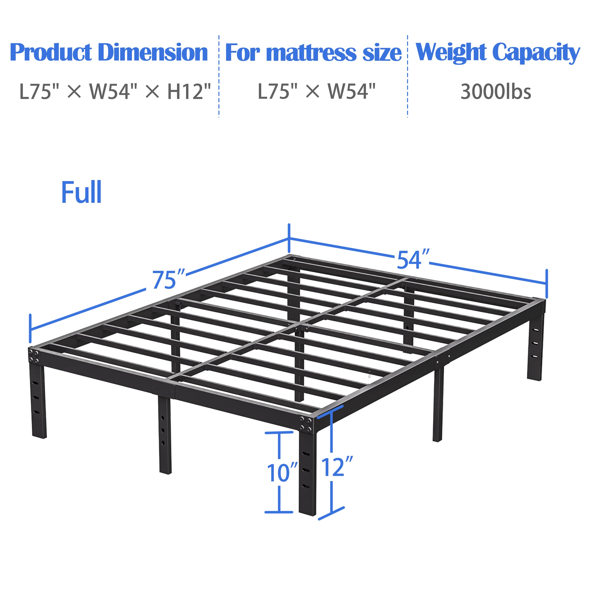 Woozuro Full Size Bed Frame, 12 Inch Heavy Duty Metal Platform Bed Frame No Box Spring Needed, Reinforced Steel Slats Support Mattress Foundation, Easy Assembly, Noise Free, Black