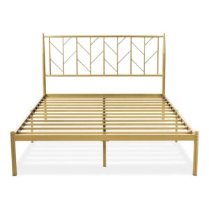 Allewie Full Size Platform Bed Frame with Vintage Headboard, 14 Inches Metal Mattress Foundation for Storage, No Box Spring Needed, Easy Assembly, Modern, Gold