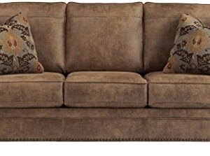 Signature Design by Ashley Larkinhurst Faux Leather Sofa with Nailhead Trim and 2 Accent Pillows, Brown