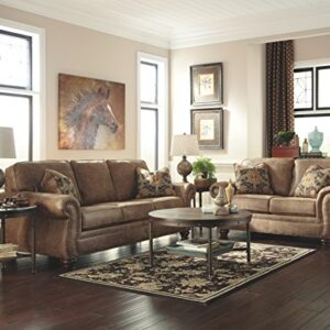 Signature Design by Ashley Larkinhurst Faux Leather Sofa with Nailhead Trim and 2 Accent Pillows, Brown