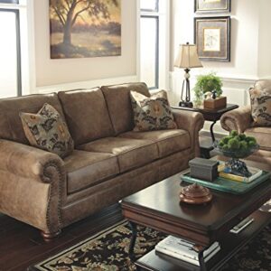 Signature Design by Ashley Larkinhurst Faux Leather Sofa with Nailhead Trim and 2 Accent Pillows, Brown