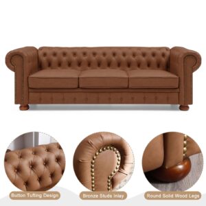 Neylory Leather Couches for Living Room, 3 Seater Classic Chesterfield Sofa Couch with Button Tufted Back and Roll Arms, 88.5-Inch Faux Leather Sofa with Nailhead Trim and Solid Wood Legs (Brown)