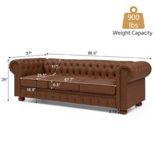 Neylory Leather Couches for Living Room, 3 Seater Classic Chesterfield Sofa Couch with Button Tufted Back and Roll Arms, 88.5-Inch Faux Leather Sofa with Nailhead Trim and Solid Wood Legs (Brown)