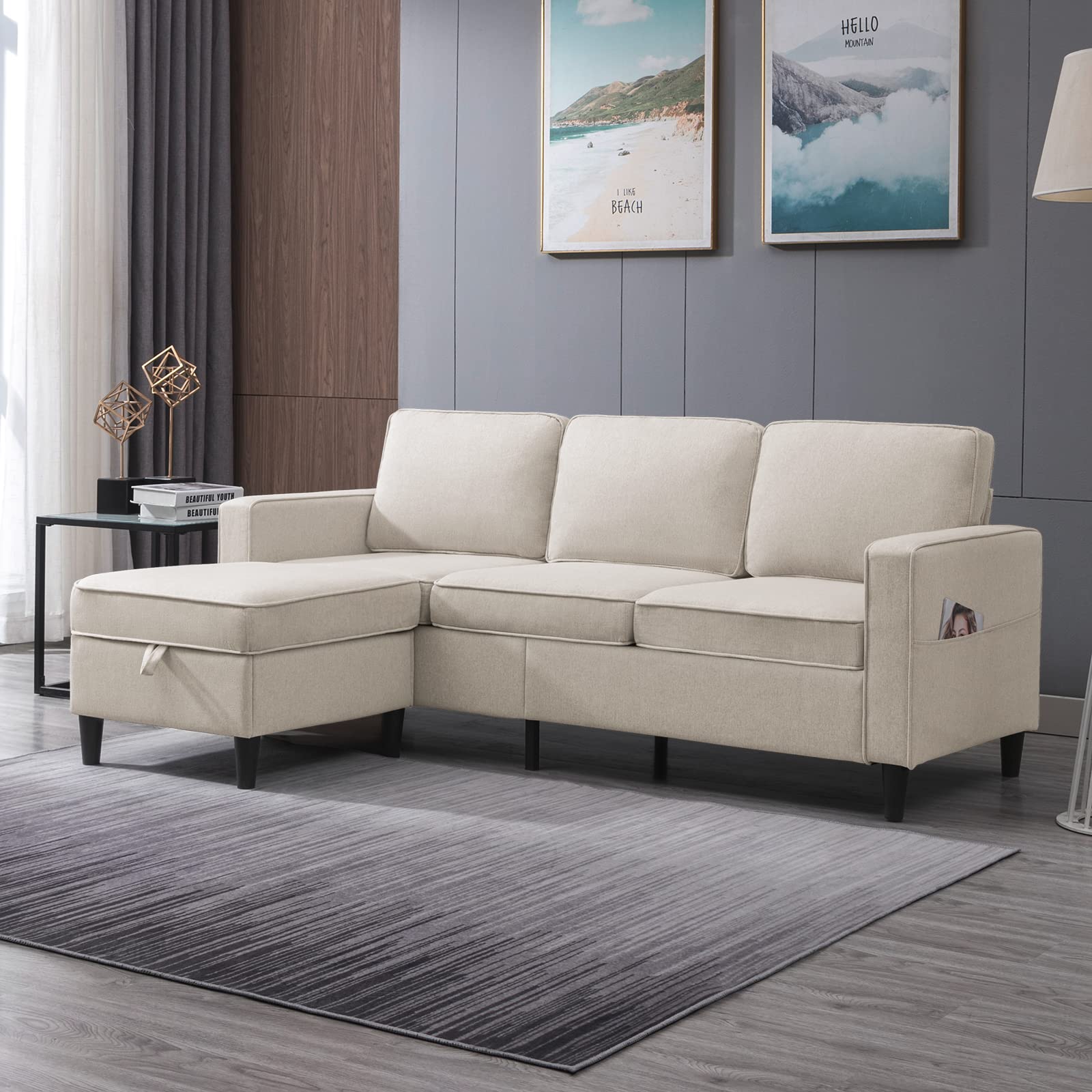 ZAFLY Convertible Sectional Sofa Couch Modular L Shape Sofa with Storage Ottoman Living Room Sets 3-Seat Sectional Couches for Small Space Living Room Bedroom, Beige