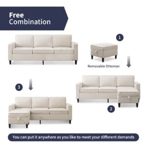 ZAFLY Convertible Sectional Sofa Couch Modular L Shape Sofa with Storage Ottoman Living Room Sets 3-Seat Sectional Couches for Small Space Living Room Bedroom, Beige