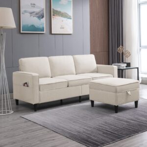 ZAFLY Convertible Sectional Sofa Couch Modular L Shape Sofa with Storage Ottoman Living Room Sets 3-Seat Sectional Couches for Small Space Living Room Bedroom, Beige