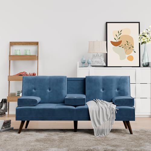 Shintenchi 60" Small Loveseat, 3 in 1 Cute Convertible Sofa Bed, Modern Futon Recliner Sleeper w/2 Cup Holder, Upholstered Folding Couch for Small Space, Blue