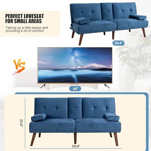 Shintenchi 60" Small Loveseat, 3 in 1 Cute Convertible Sofa Bed, Modern Futon Recliner Sleeper w/2 Cup Holder, Upholstered Folding Couch for Small Space, Blue