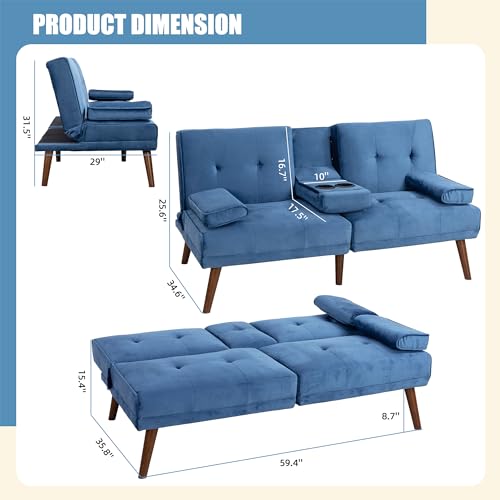 Shintenchi 60" Small Loveseat, 3 in 1 Cute Convertible Sofa Bed, Modern Futon Recliner Sleeper w/2 Cup Holder, Upholstered Folding Couch for Small Space, Blue