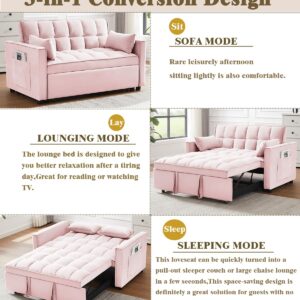 3 in 1 Convertible Velvet Loveseat Futon Couch Bed for Small Spaces - Pull Out Sofa Bed, Adjustable Backrest, Lumbar Pillows (Pink)